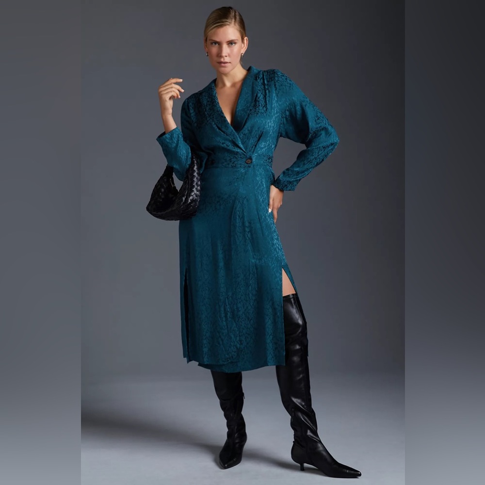 Anthropologie Teal Jacquard Midi Wrap Dress